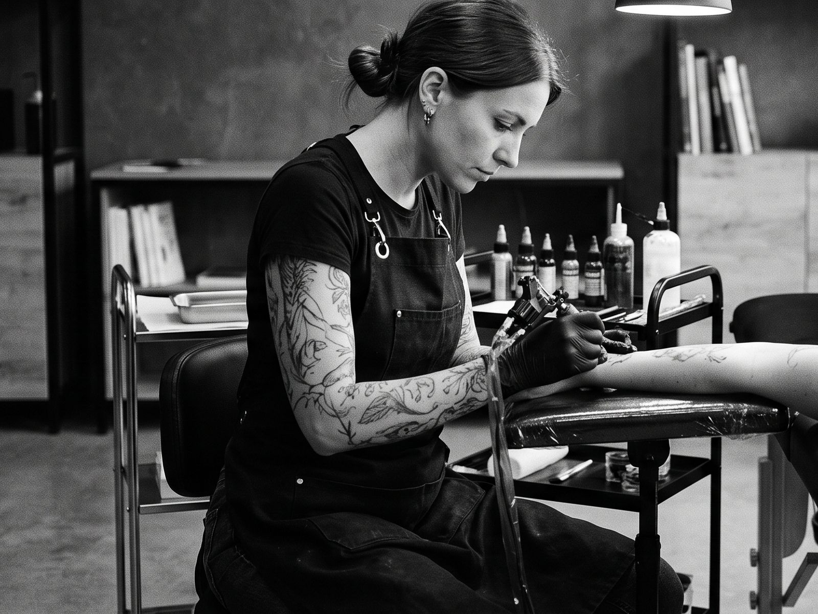 Une séance en cours dans la salle de tatouage