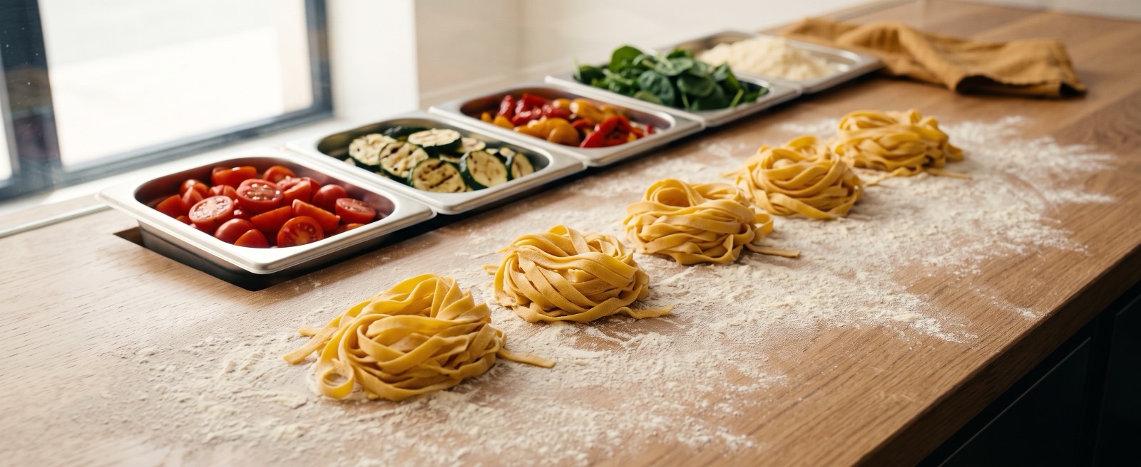 Nids de tagliatelles fraîches et bacs d'ingrédients sur le comptoir