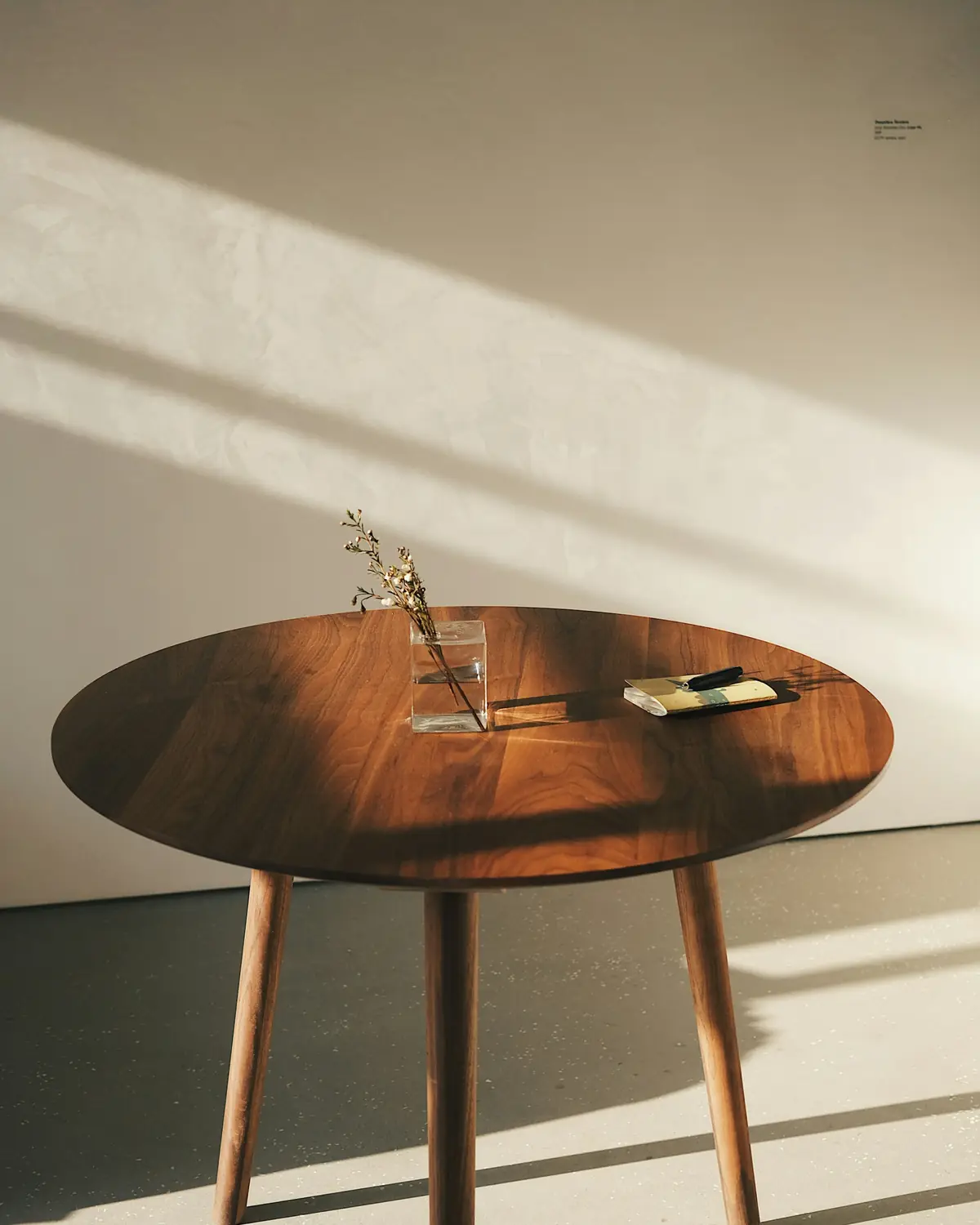 Table ronde en noyer aux pieds fuselés, baignée de soleil, un vase posé dessus