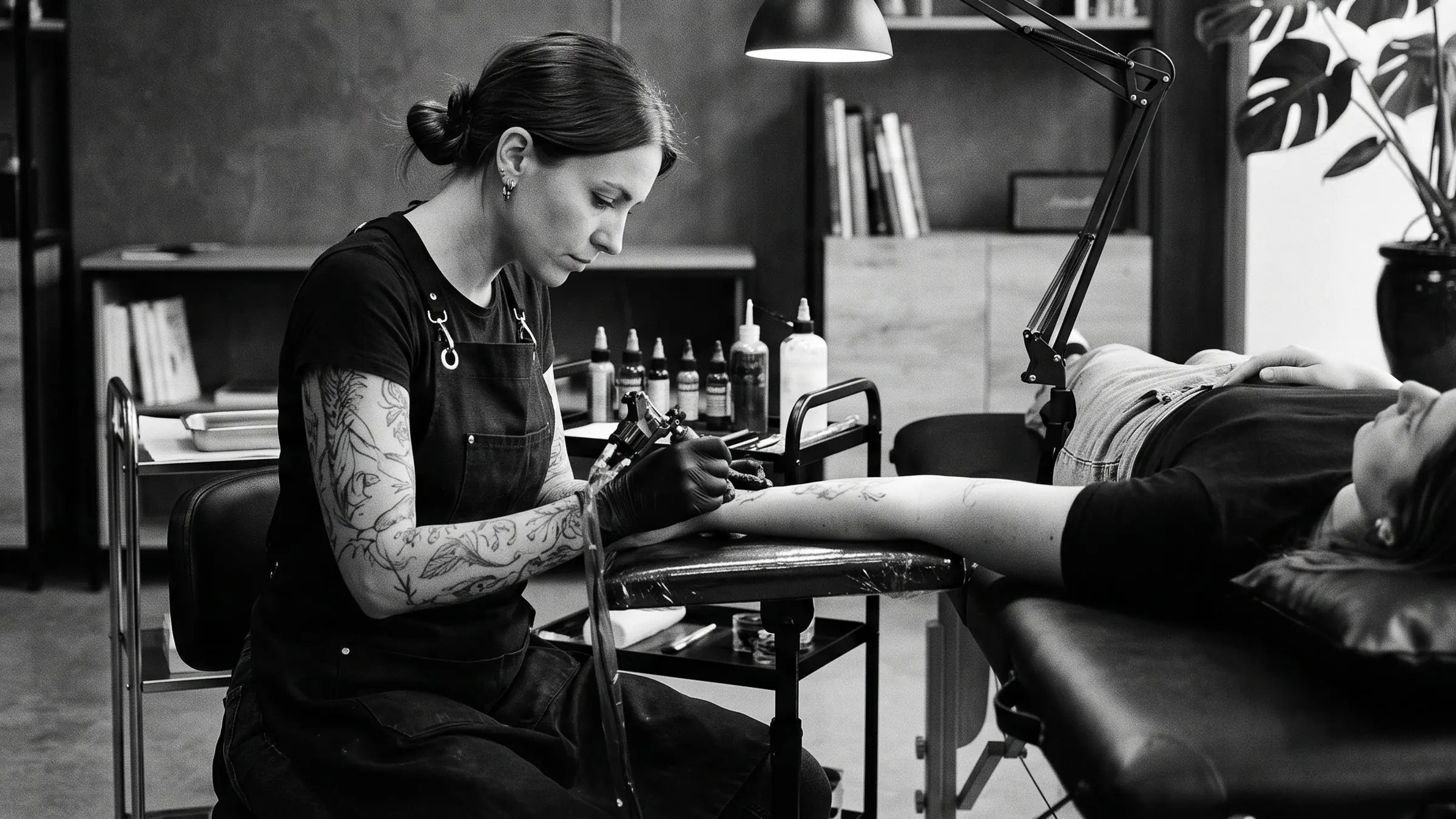 L'atelier CORBEAU : une artiste tatoue le bras d'un client, en noir et blanc