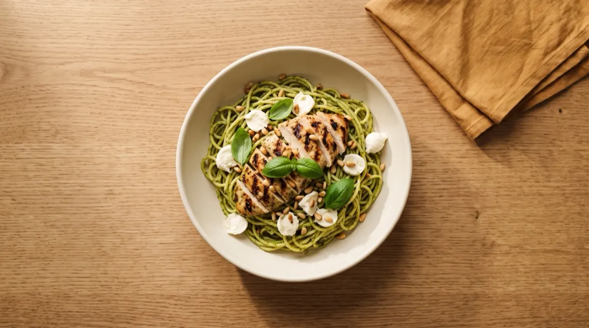 Spaghetti au pesto, poulet grillé, mozzarella et herbes fraîches